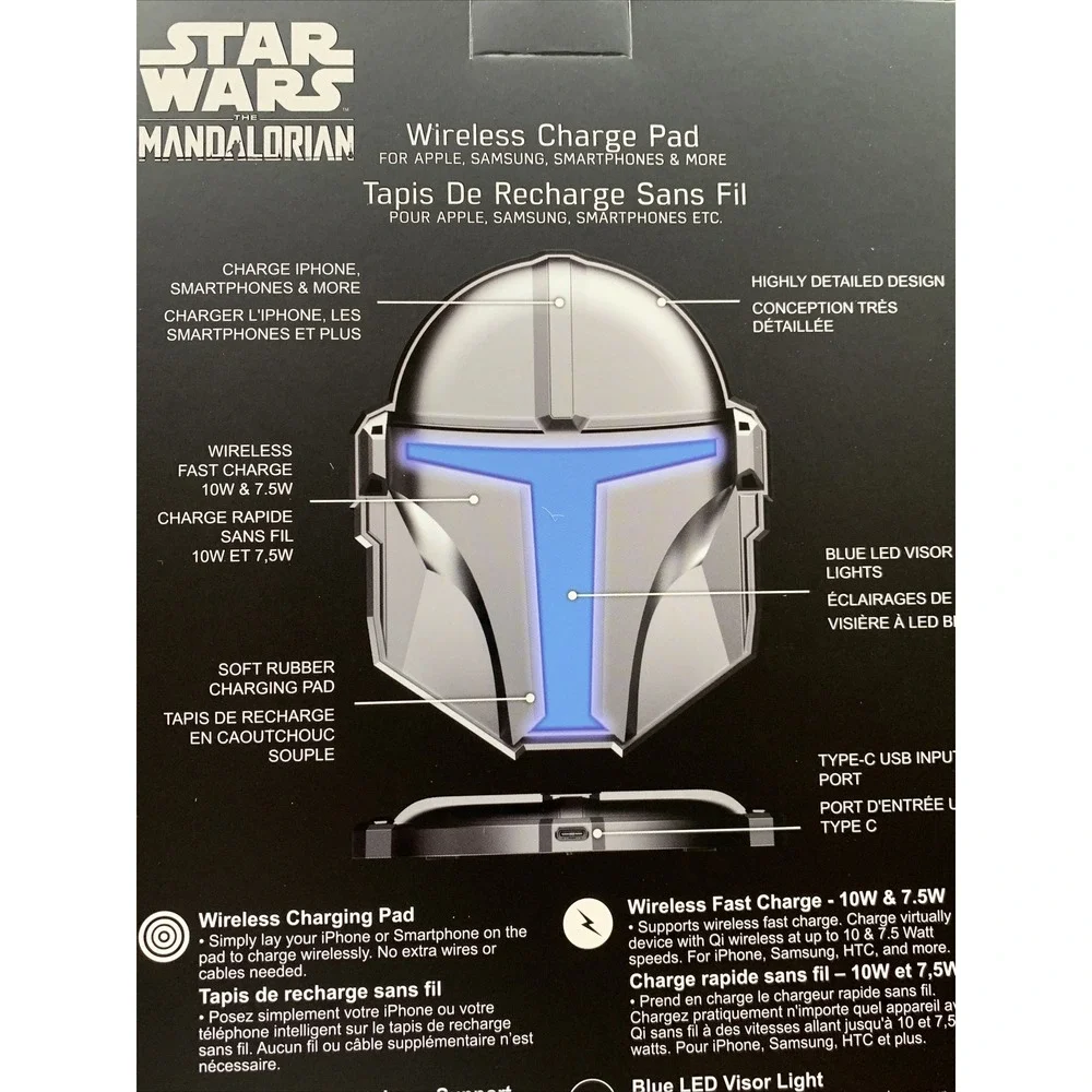 Star Wars The Mandalorian Wireless‎ Charge Pad Unisex OS Silver New LED Helmet